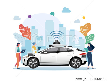Developers with self driving car. Developers with self driving car. 127668530