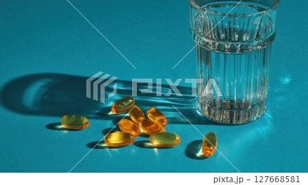 Yellow omega capsules beside clear water glass on bold blue surface, perfect for supplement marketing, health product ads, and modern wellness visuals Yellow omega capsules beside clear water glass on bold blue surface, perfect for supplement marketing, health product ads, and modern wellness visuals 127668581
