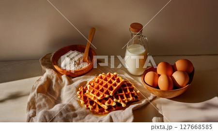 Rustic flat lay of waffles, flour, eggs, and milk styled with natural wood and linen for wholesome breakfast, baking recipes, or cozy kitchen scenes Rustic flat lay of waffles, flour, eggs, and milk styled with natural wood and linen for wholesome breakfast, baking recipes, or cozy kitchen scenes 127668585