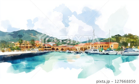 Nelson Dockyard. Nelson Dockyard hand drawn watercolor illustration Nelson Dockyard. Nelson Dockyard hand drawn watercolor illustration 127668850