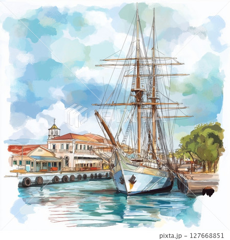 Nelson Dockyard. Nelson Dockyard hand drawn watercolor illustration 127668851