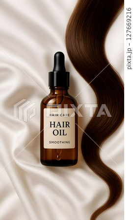 Hair oil bottle placed on smooth fabric with flowing hair, highlighting hair care routines for silky strands 127669216
