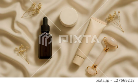 Natural skincare products arranged on soft fabric with delicate floral accents, showcasing beauty routine essentials Natural skincare products arranged on soft fabric with delicate floral accents, showcasing beauty routine essentials 127669218