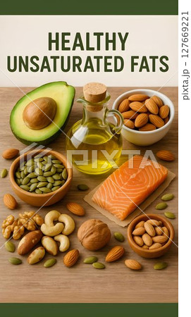 Discover various healthy unsaturated fats with salmon, nuts, avocados, and olive oil displayed on a wooden surface Discover various healthy unsaturated fats with salmon, nuts, avocados, and olive oil displayed on a wooden surface 127669221