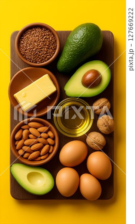 Healthy ingredients arranged on a wooden board showcasing nutritious options for a balanced diet Healthy ingredients arranged on a wooden board showcasing nutritious options for a balanced diet 127669222