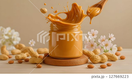 Creamy peanut butter splashes from a jar surrounded by nuts and flowers on a wooden table Creamy peanut butter splashes from a jar surrounded by nuts and flowers on a wooden table 127669223