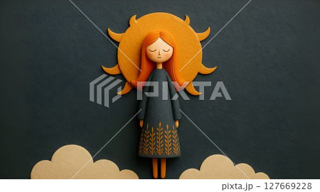 Bright and whimsical artwork of a girl with sun backdrop and clouds in a serene setting 127669228