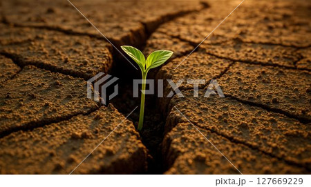 New green sprout emerges through cracked dry soil under warm sunset light in a drought-affected area New green sprout emerges through cracked dry soil under warm sunset light in a drought-affected area 127669229