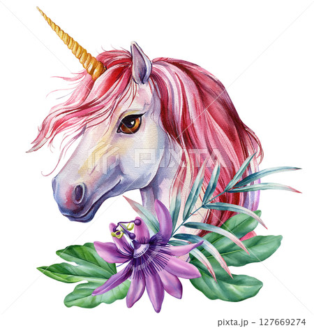 Golden horn unicorn with red mane passionflower and tropical leaves watercolor fantasy horse clipart for fairytale themes Golden horn unicorn with red mane passionflower and tropical leaves watercolor fantasy horse clipart for fairytale themes 127669274