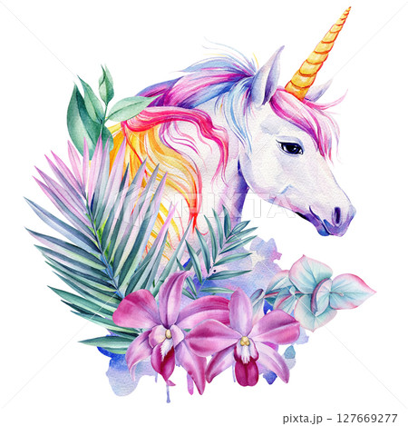 Fantasy unicorn with rainbow mane pink orchids palm leaves and pastel tropical greenery watercolor clipart for kids decor 127669277