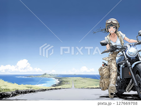 大型クルーザーバイクで海を見に来た女性のイラスト素材 大型クルーザーバイクで海を見に来た女性のイラスト素材 127669708