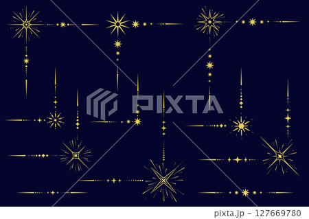 Celestial magic borders. Mystic ornament with sun and stars. Astrology corner element and elegant divider with spiritual symbols. Vector vintage decorations with esoteric signs. 127669780