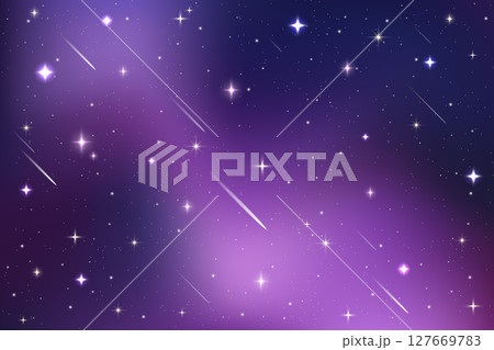 Starry night sky. Dark purple space. Vector magic universe illustration. Abstract winter gradient with sparkles and comets. Bright cosmic wallpaper with glitter. Outer space realistic backdrop 127669783