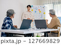 senior programmer bootcamlp,Asian young instructor guides senior learners through a programming on whiteboard, highlighting algorithm thinking and simple code exercises 127669829