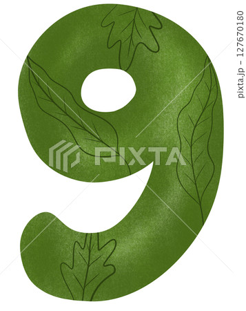 Drawing green number from zero to nine in leave pattern 127670180