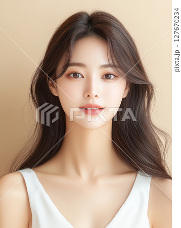 Korean woman with long hair smiling softly while posing against a neutral background showcasing natural beauty and elegance Korean woman with long hair smiling softly while posing against a neutral background showcasing natural beauty and elegance 127670234
