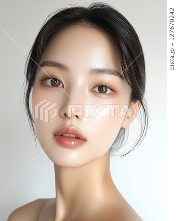 Beautiful Korean woman with natural glow showcasing soft beauty in a minimalist portrait setting 127670242