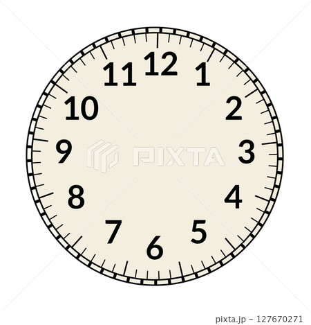 Retro round clock face. Vintage watch design. Elegant antique dial. Timer with numerals. Decorative carved arrows. Mechanical chronometer. Vector 127670271