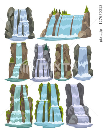 Collection of cartoon river cascade waterfalls. Landscapes with mountains and trees. Design elements for travel brochure or illustration mobile game. Fresh natural water 127670312