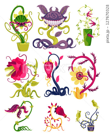 Carnivorous plants set in fantasy design. Cartoon flytraps in pots, plants monsters. Vector flowers predator with teeth isolated on white background 127670328