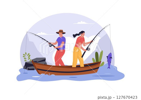 Flat Illustration of Couple Fishing on Boat in Nature River 127670423