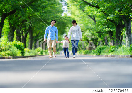 手を繋いで歩く家族 127670458