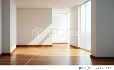 An empty room with a wooden floor and white walls. An empty room with a lot of sunshine. 127670612
