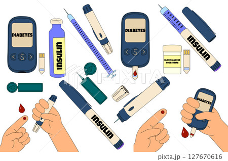 Set of diabetes mellitus concept with glucose meters, insulin pens, test strips, syringes, and blood sugar testing. Flat medical illustration isolated on white background. Chronic illness, healthcare. 127670616
