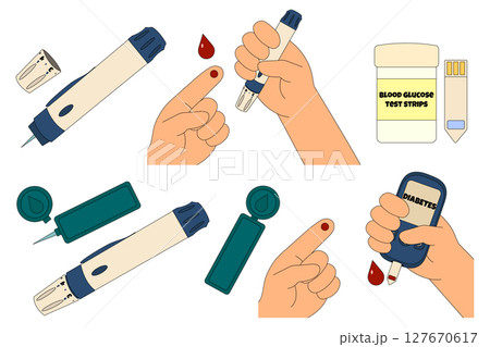 Set of diabetes testing and glucose monitoring with lancets, test strips, blood samples, and glucometer. Medical illustration isolated on white background. Concept of chronic illness and healthcare. 127670617