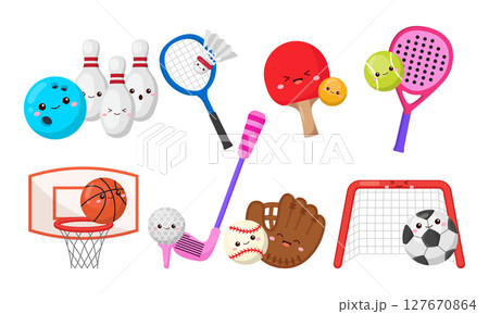 Cute Sports Ball and Equipment Set with Kawaii Faces Cute Sports Ball and Equipment Set with Kawaii Faces 127670864