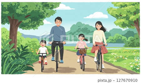 青空の下、家族みんなでサイクリングを楽しむ爽やかな休日 127670910
