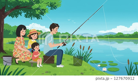 家族みんなで釣りを楽しむ、自然の中で過ごす休日 127670912