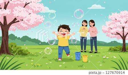 青空の下、公園で元気いっぱいに遊ぶ子供と見守る大人 127670914