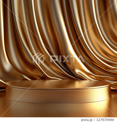 Luxurious golden stage with shimmering drapery. Generative AI 127670990