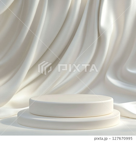 White podium with draped silky fabric background. Generative AI 127670995