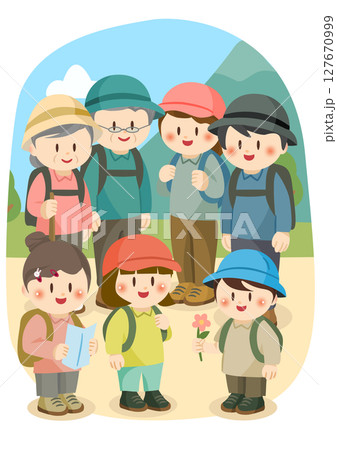 登山を楽しむ三世代家族のイラスト、Three-Generation Family Enjoying 登山を楽しむ三世代家族のイラスト、Three-Generation Family Enjoying 127670999