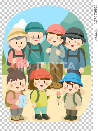 登山を楽しむ三世代家族のイラスト、Three-Generation Family Enjoying 登山を楽しむ三世代家族のイラスト、Three-Generation Family Enjoying 127670999