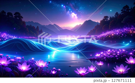 Starry night sky over a tranquil landscape with moonlit clouds 127671111