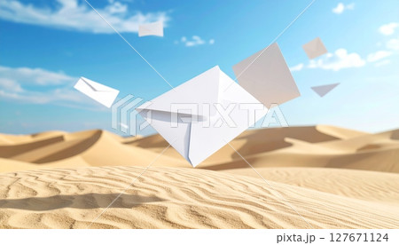 Desert dunes under a blue sky with a paper airplane flying above Desert dunes under a blue sky with a paper airplane flying above 127671124