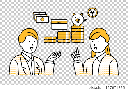 Illustration of a young couple discussing money matters 127671226