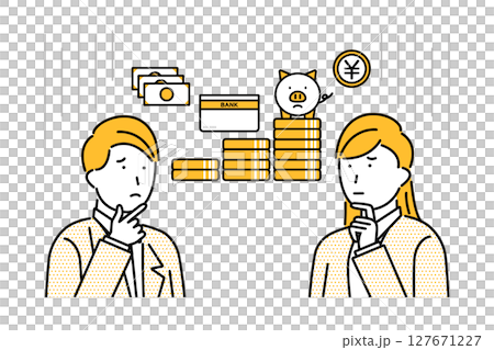 Illustration of a young couple feeling anxious about money 127671227