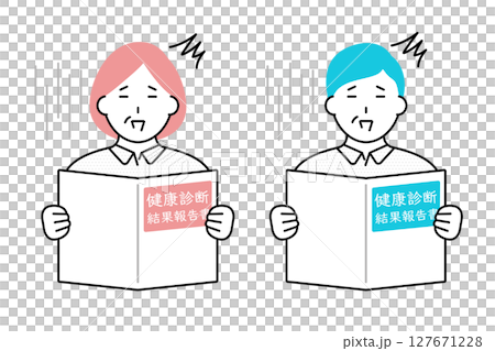 健康診断の結果を見て驚くシニア男性と女性のイラスト 127671228