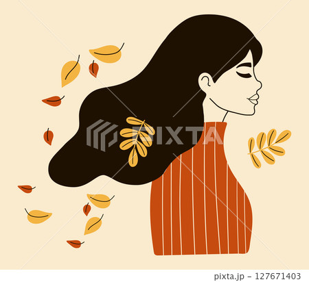 Cute Woman with Autumn Leaves. Minimalist Female Autumnal Portrait. Line hand drawing. Vector illustration 127671403
