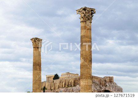 Acropolis view from temple of Olympian Zeus two pillars 127671519