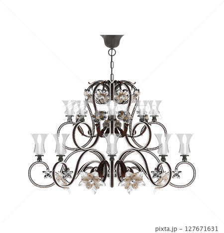chandelier on the ceiling isolated on transparent background, hanging lamp, pendant light, 3D illustration, cg render 127671631