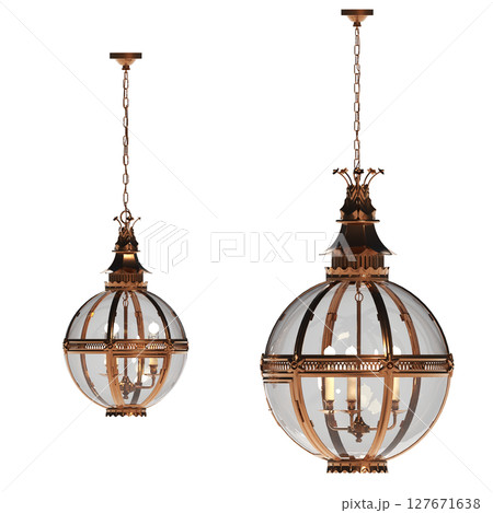 chandelier on the ceiling isolated on transparent background, hanging lamp, pendant light, 3D illustration, cg render 127671638