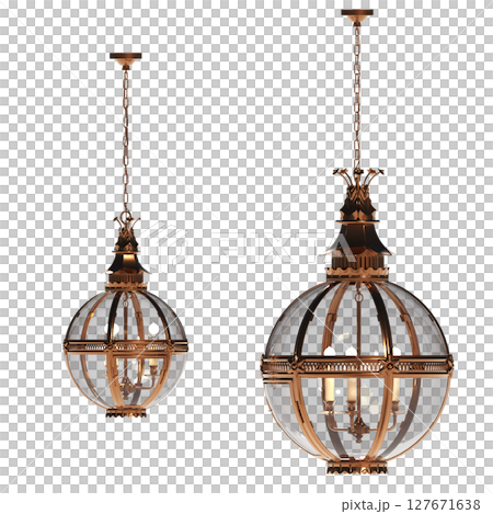 chandelier on the ceiling isolated on transparent background, hanging lamp, pendant light, 3D illustration, cg render 127671638