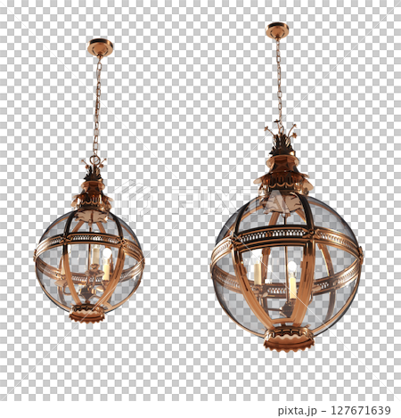 chandelier on the ceiling isolated on transparent background, hanging lamp, pendant light, 3D illustration, cg render 127671639