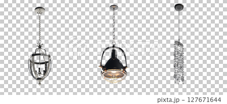 chandelier on the ceiling isolated on transparent background, hanging lamp, pendant light, 3D illustration, cg render 127671644