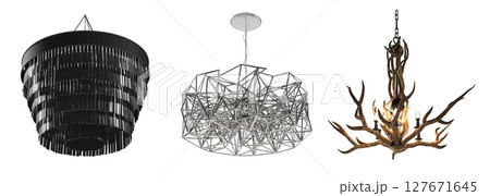 chandelier on the ceiling isolated on transparent background, hanging lamp, pendant light, 3D illustration, cg render 127671645
